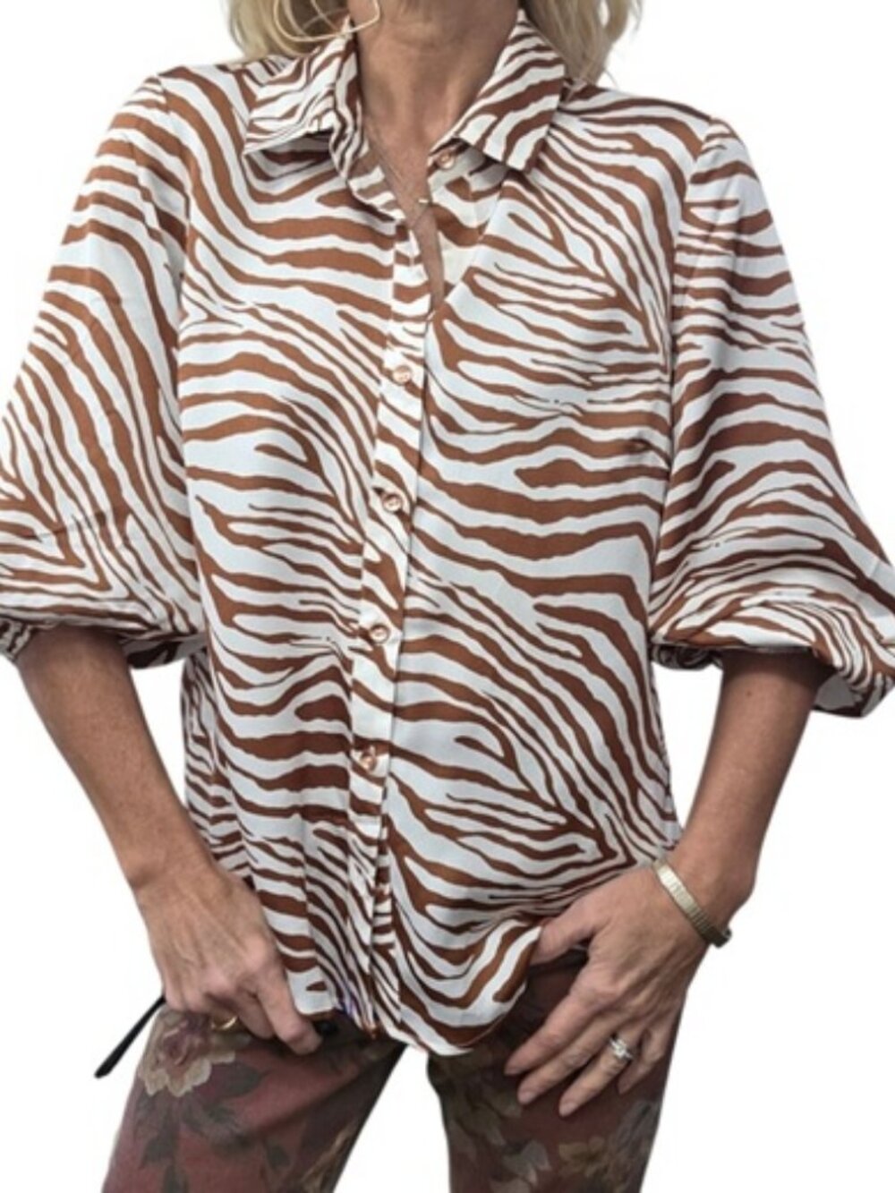 Eva Franco Anthropologie Anita Zebra Print Balloon Sleeve Blouse XS